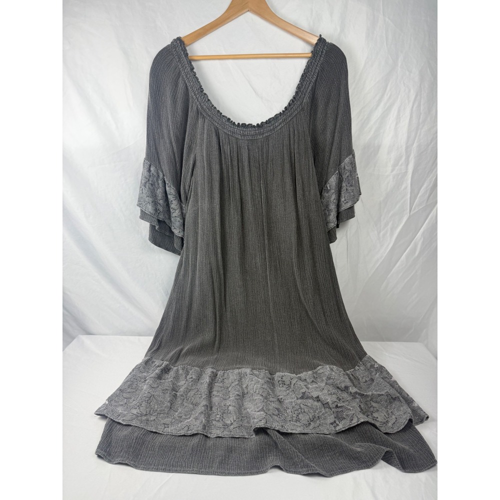 Signature by Robbie Bee Size XL Gray Lace Trim Peasant Dress Boho